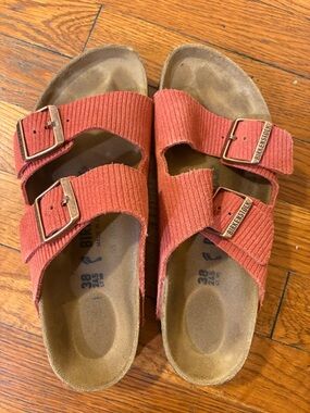 Birkenstock red corduroy Arizona Two-Strap Sandals in Rust
